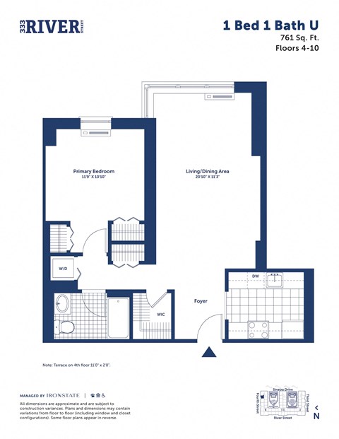 Floor plan for 1 bed, 1 bath, 761 sqft